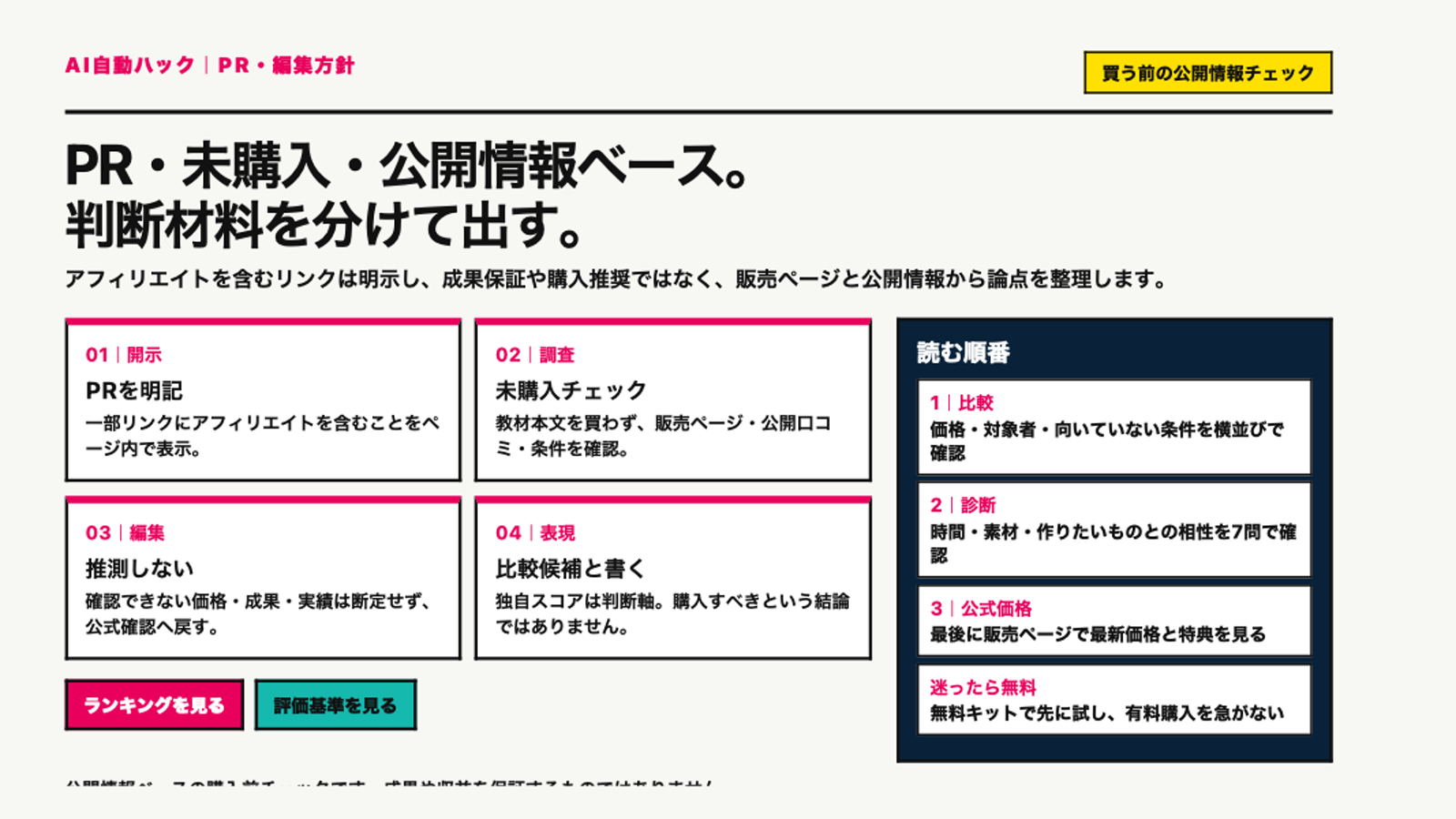 PR表記、未購入チェック、公開情報ベース。成果保証や購入推奨ではなく判断材料を分けて出す編集方針。